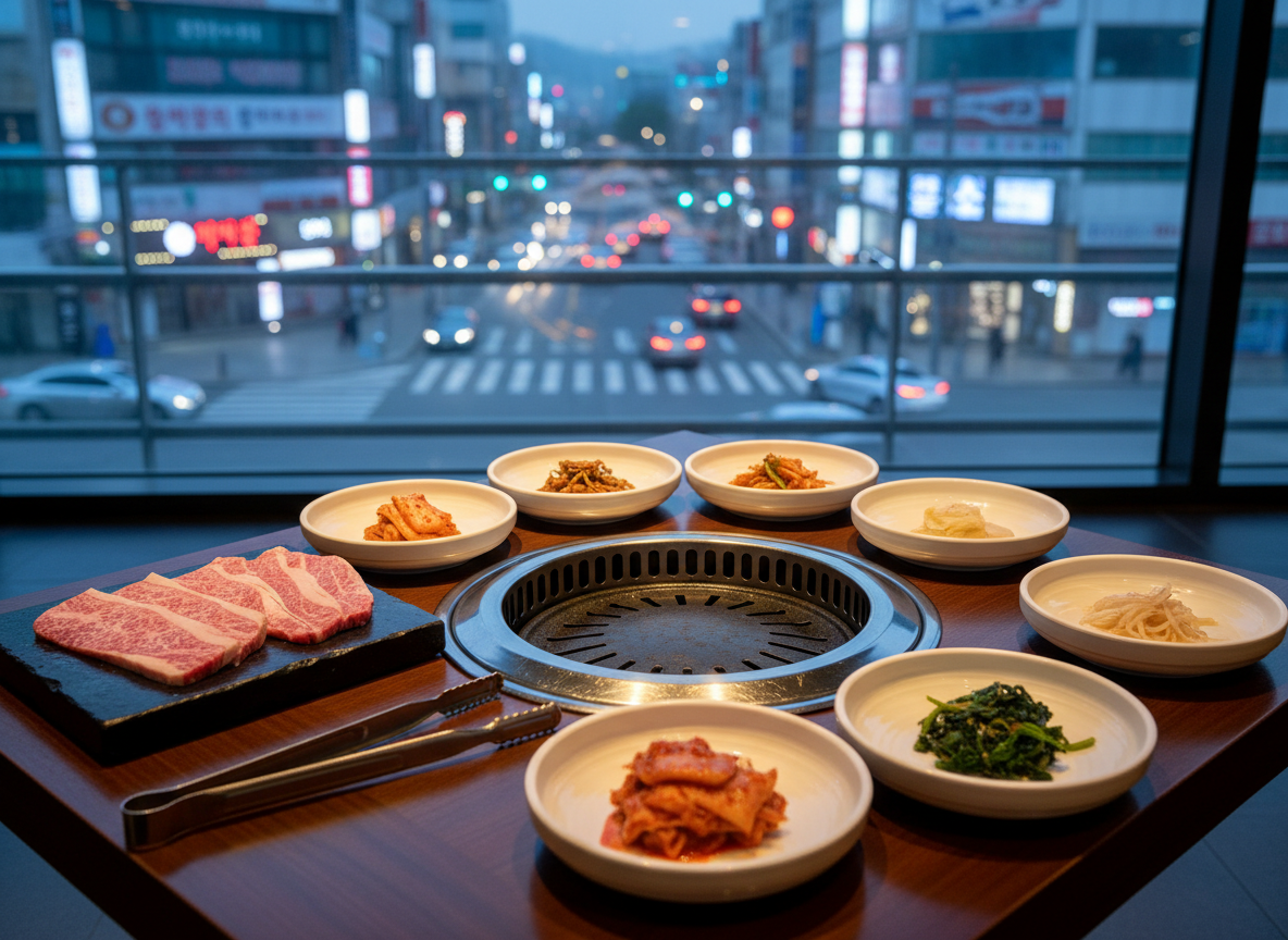 A pristine, modern restaurant table in Seoul’s bustling Gangnam district, set with a shining stainless-steel grill built into the center, surrounded by perfectly arranged small white ceramic banchan plates holding kimchi, pickled radish, and seasoned spinach. Unused silver tongs rest beside thinly sliced marbled beef on a black stone platter. Behind the table, large floor-to-ceiling windows reveal a softly out-of-focus cityscape with neon signs and traffic lights. Cool evening city light mixes with warm overhead spotlights, creating subtle reflections on metal surfaces. Photographic realism with a slightly elevated angle and balanced composition. The atmosphere is polished, urban, and aspirational, ideal for a professional guide to must-visit Seoul barbecue spots.