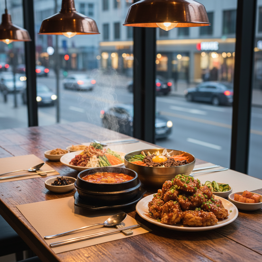 A long wooden table filled with iconic Korean dishes arranged for travelers exploring must-try restaurants: a bubbling stone pot of kimchi jjigae with red broth, a glossy brass bowl of bibimbap topped with colorful vegetables and a raw egg yolk, golden crispy Korean fried chicken, metal chopsticks and spoons neatly aligned. The table sits by a wide restaurant window showing a softly blurred city street at dusk. Warm pendant lighting from above creates appetizing highlights on the glossy sauces and metalware. Photographic realism, eye-level composition with shallow depth of field, emphasizing textures of steaming food and side dishes. The mood is inviting, professional, and curated, suggesting a comprehensive guide to the best eats in Korea.